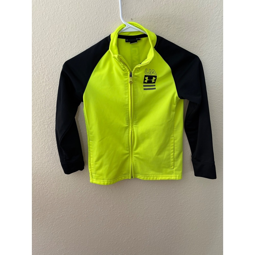 Under Armour Boys Neon Yellow Black Full Zip Track Jacket Size 7 Logo A1131